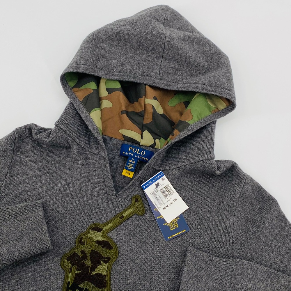 Polo Ralph Lauren Boys Medium(10-12) Gray Camo Big Pony Knit Hoodie Sweater NWT